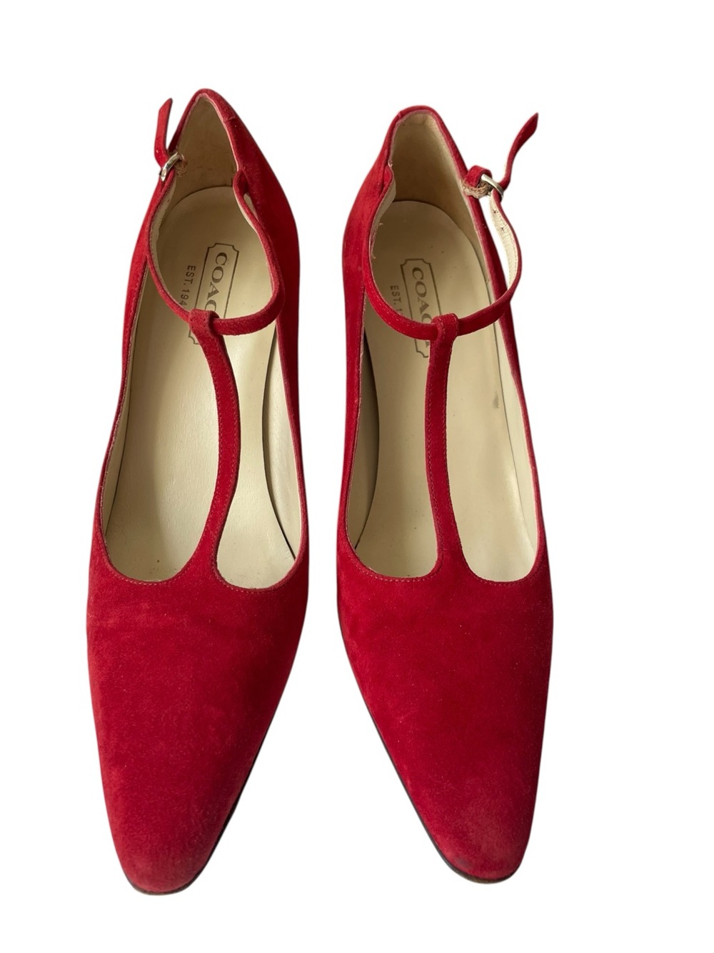 Coach Marjorie T-Strap Red Suede Leather Pumps Heels Logo Made In Italy Sz 7